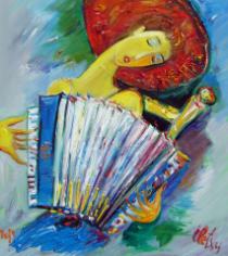 Аккордеонистка, холст, масло